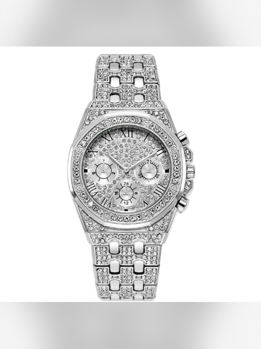 Silver Iced Out Octagonal Watch | AP Style Chronograph Crystal Bling Watch